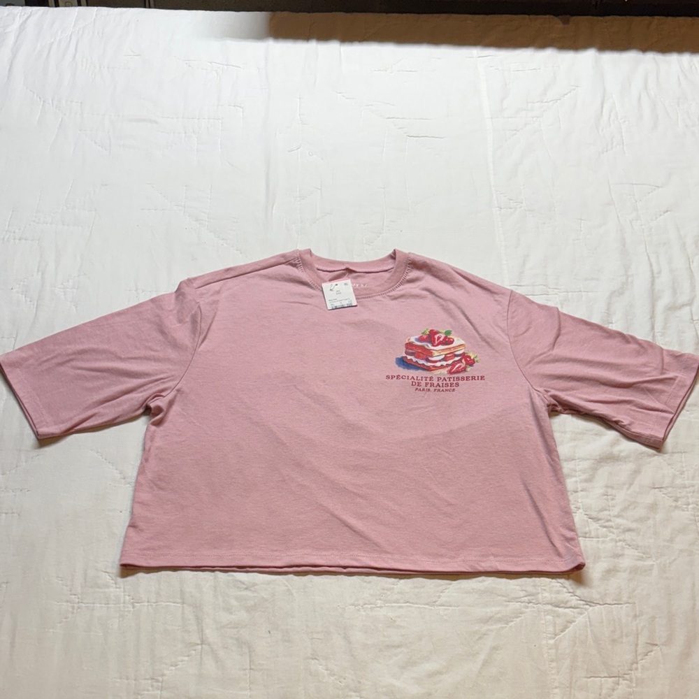 NWT Modern Lux Shirt Womens XXS Pink French Pastry Oversized Cropped Graphic Tee